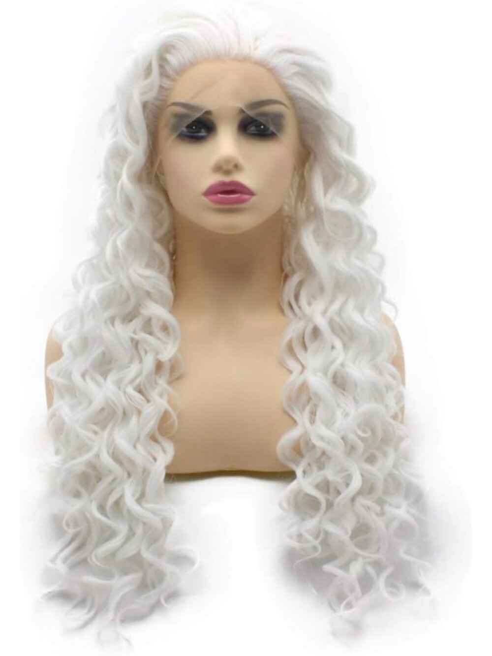 Long Curly White Lace Front Synthetic Wig - Heat Resistant, Glamorous Style